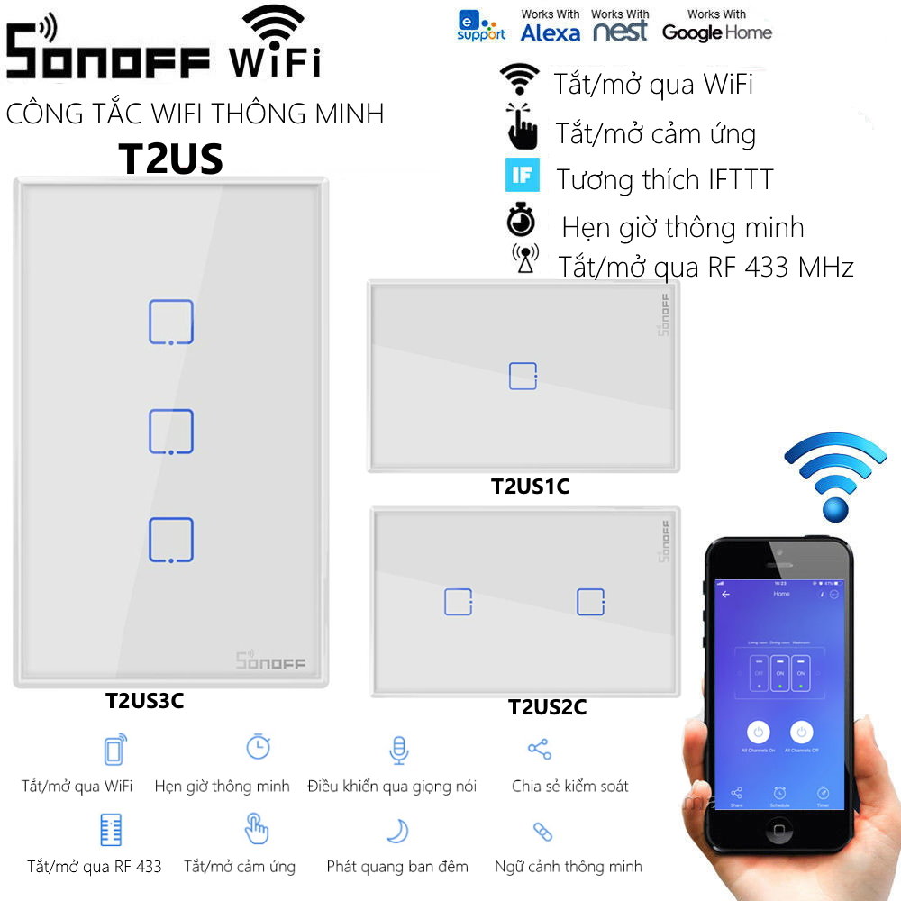 Công tắc WiFi RF cảm ứng Sonoff T2 1/2/3 cổng chuẩn EU/UK/US